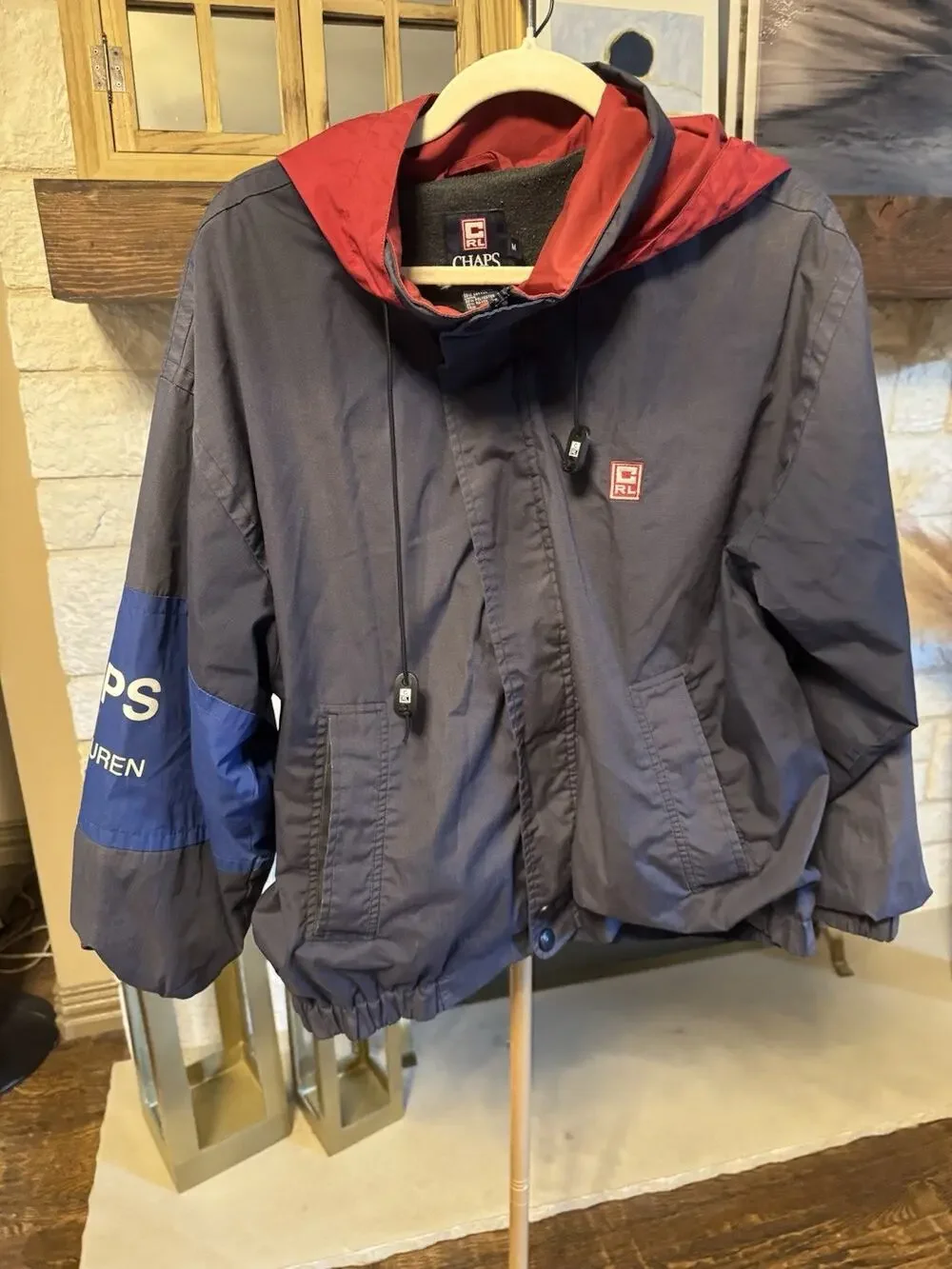 Chaps Ralph Lauren Navy Red Windbreaker Jacket Men's Size M Logo Zip Drawstring